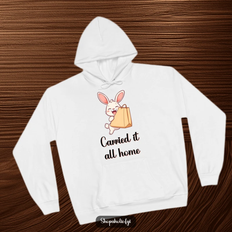 Funny hoodie featuring a delighted bunny with a comically large shopping bag, perfect for fans of cute and humorous apparel.