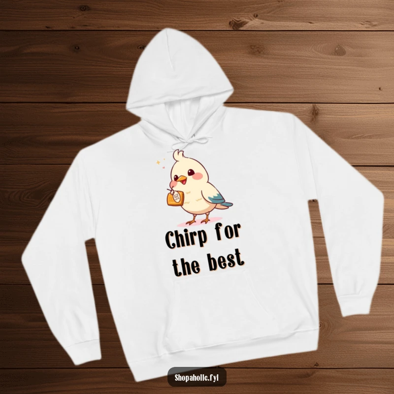 Funny hoodie depicting an enthusiastic bird pointing towards a tempting offer, perfect for cozy shopping trips.