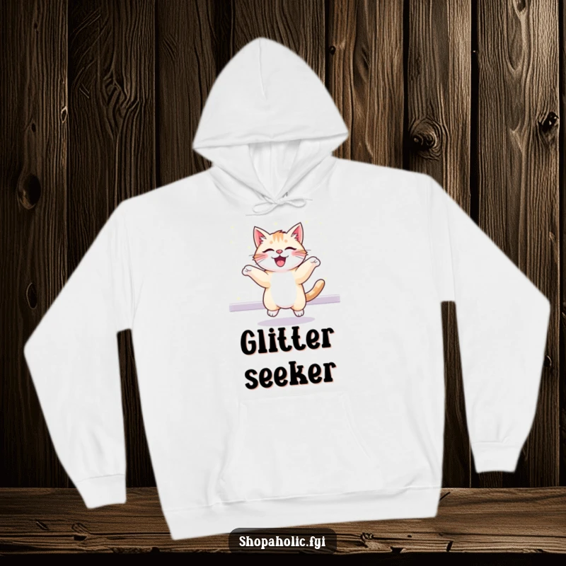 Funny hoodie with a cheerful cat bouncing excitedly in front of a sparkling, glittering display. Cozy and glamorous.