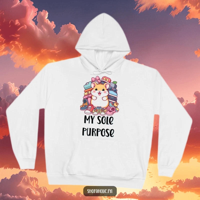 Funny Hamster Shoe Hoodie: A happy hamster amidst a pile of fashionable shoes, radiating joy. Comfy and stylish.