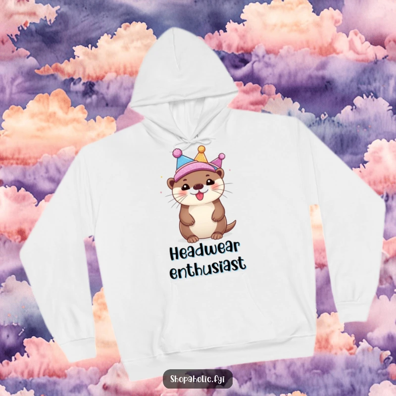 Funny Hoodie depicting a jovial otter delightedly experimenting with various shiny and glittering hats, radiating pure amusement and style.
