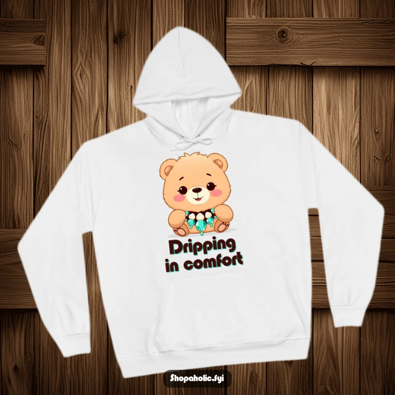 Funny Bear Fashion Hoodie - Cozy hoodie featuring a fluffy bear smiling while wearing a large, dazzling necklace, perfect for stylish comfort.
