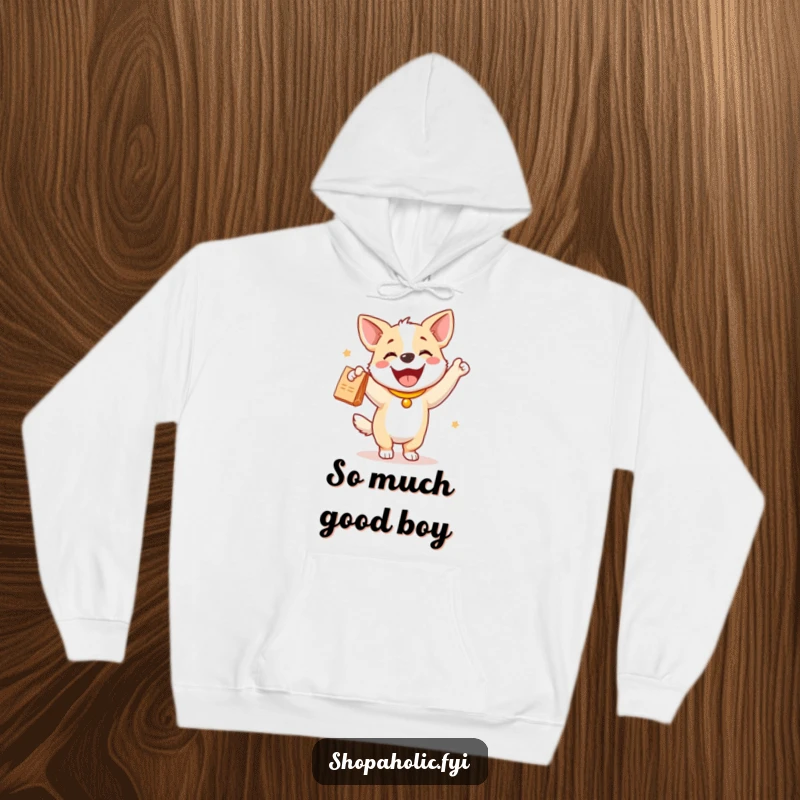 Funny dog hoodie showing a happy dog doing a joyful dance with a new purchase, perfect for cozying up after shopping.
