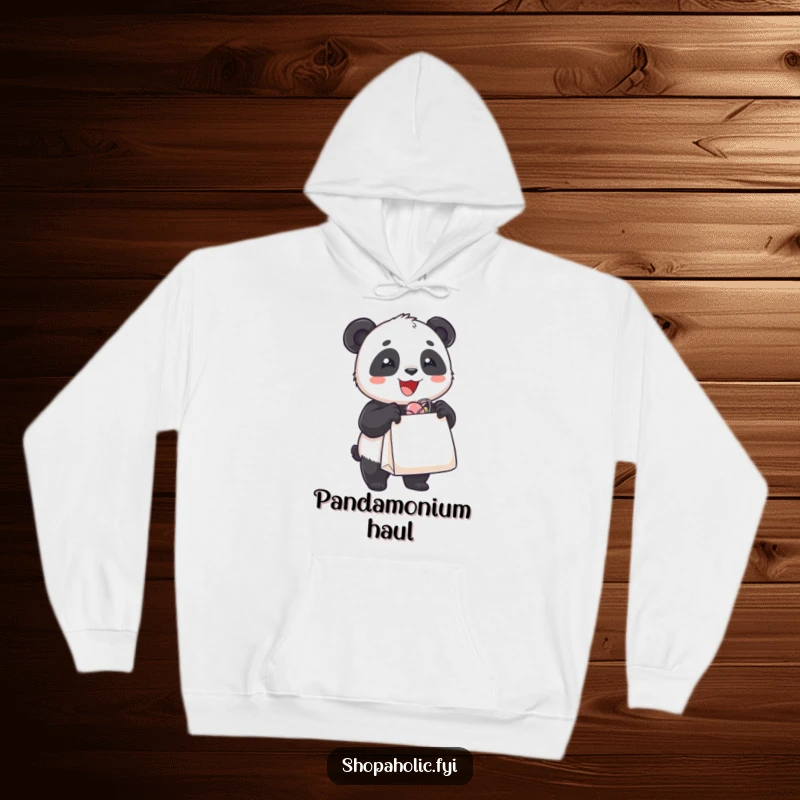 Funny hooded sweatshirt with a delighted panda bear holding an overflowing shopping bag, cozy and humorous shopper attire.