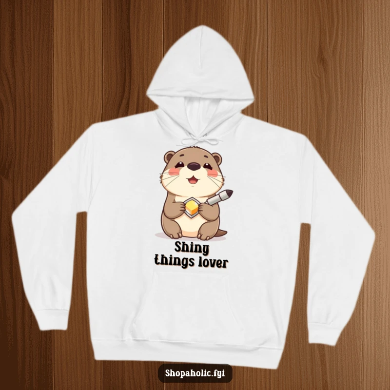 Funny Otter Hoodie showing a contented otter smiling while holding a shiny new accessory, combining comfort with joyful possession.