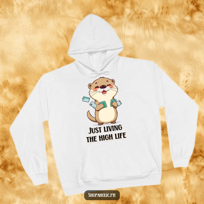 Funny Otter Hoodie: Cheerful otter juggling credit cards with a mischievous glint, cozy apparel for the financially playful.