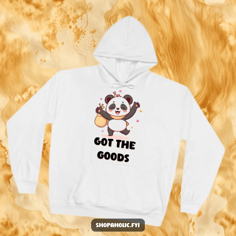Funny hoodie featuring a giggling panda excitedly dancing with a full bag of goodies, exuding pure joy and playful energy.