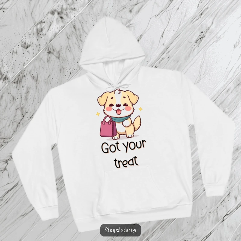Funny Dog Hoodie: A content dog character offering a bag with a grand gesture, embodying generosity and warmth.