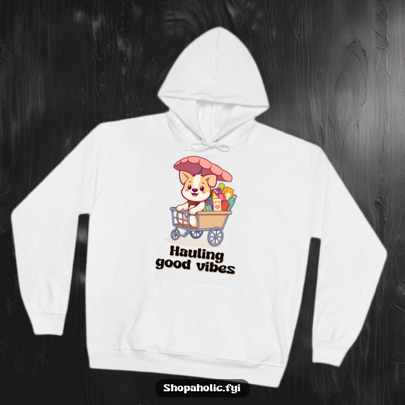Funny Dog Hoodie: A smiling dog pulling a cart of merchandise, offering cozy warmth and humorous shopping vibes, a perfect gift.