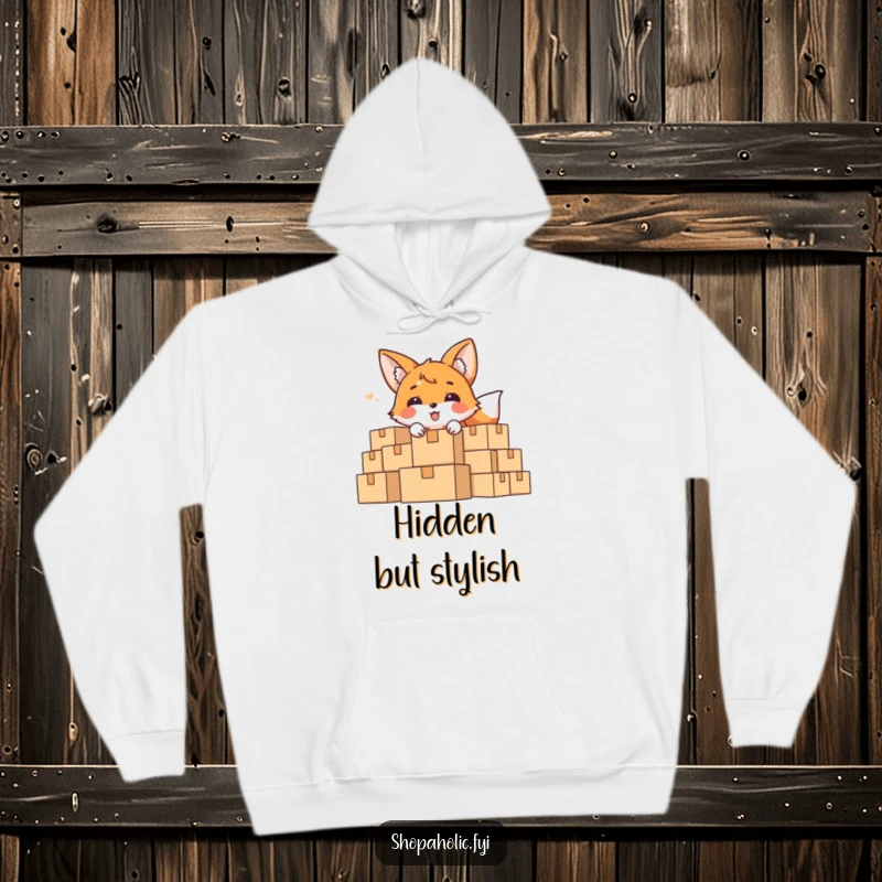 Funny Hoodie featuring a delighted fox peeking from behind a towering mountain of cardboard boxes, a fun hiding design.