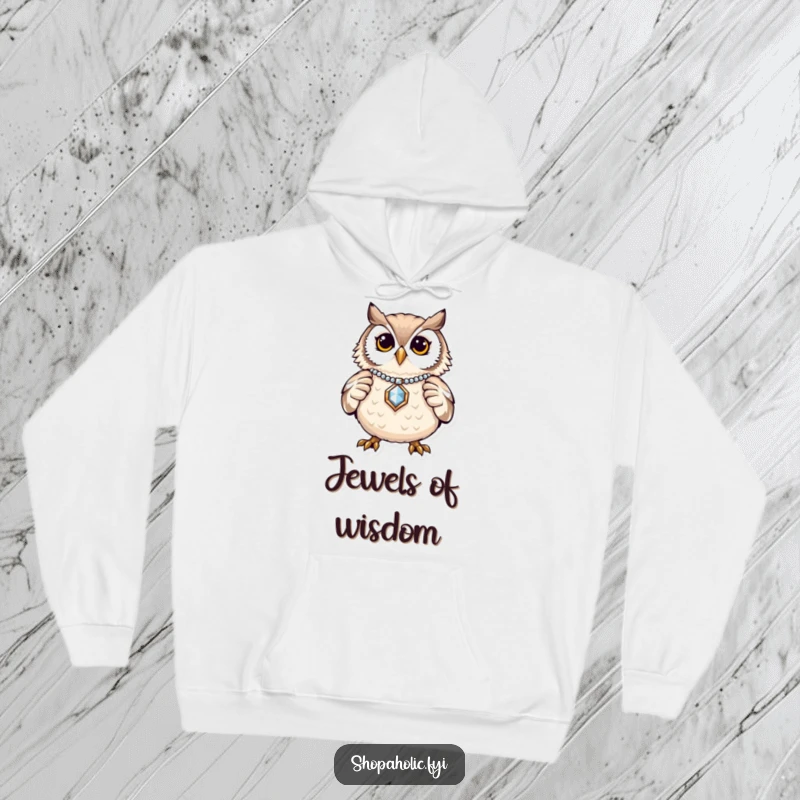 Funny Owl Jewelry Hoodie: A proud owl displaying a shiny piece of jewelry, emanating elegance. Comfy and chic.