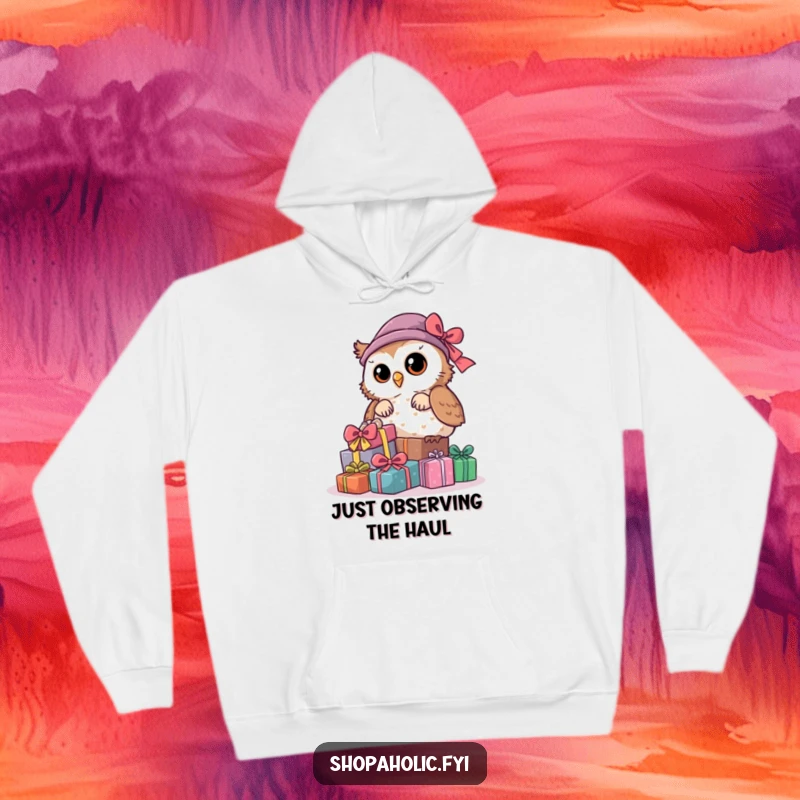 Funny Owl Hoodie: A curious owl peeks out from behind a large pile of gifts, offering a sense of playful mystery.