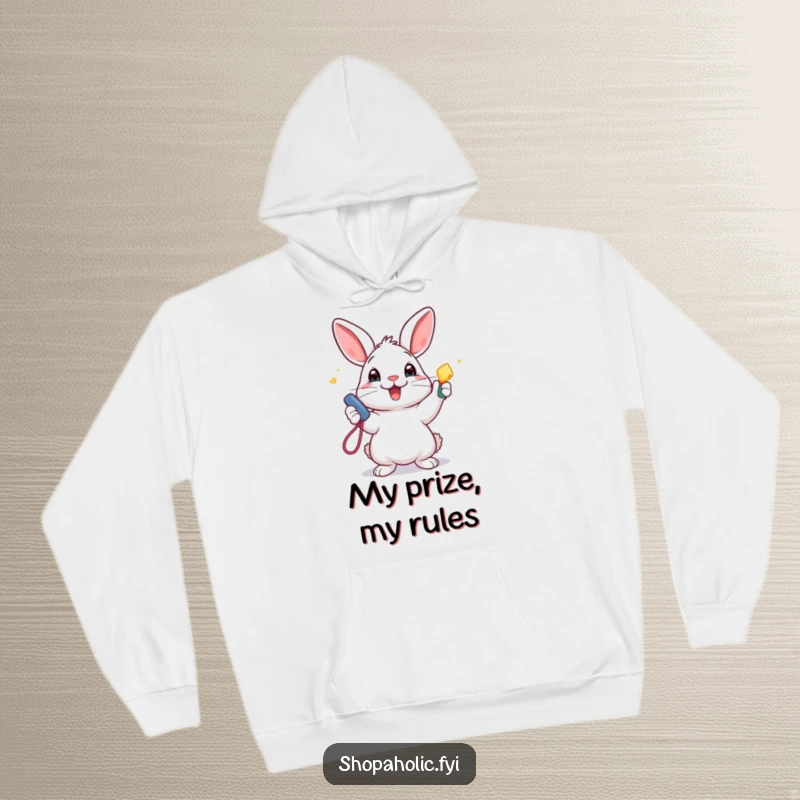 Funny Hoodie: A delighted rabbit enthusiastically presents a shiny new accessory, embodying playful joy and comfortable style.