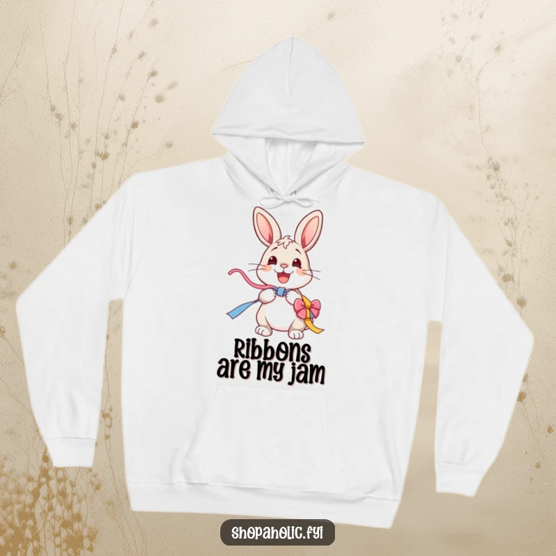 Funny Bunny Hoodie: A cheerful bunny excitedly unwraps a colorful ribbon, a cozy and heartwarming addition to any wardrobe.