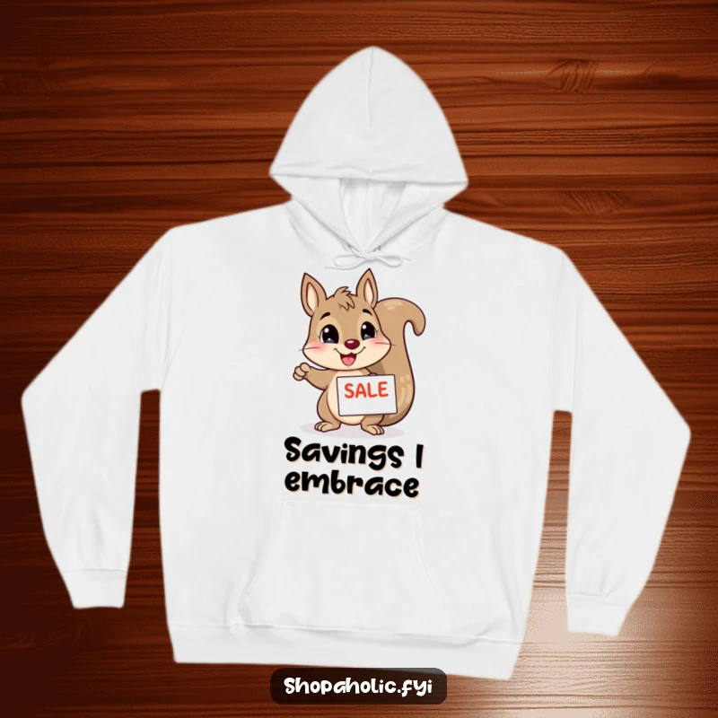Funny squirrel hoodie, happily pointing at a sale sign, representing a love for deals and cozy comfort, a great funny gift.