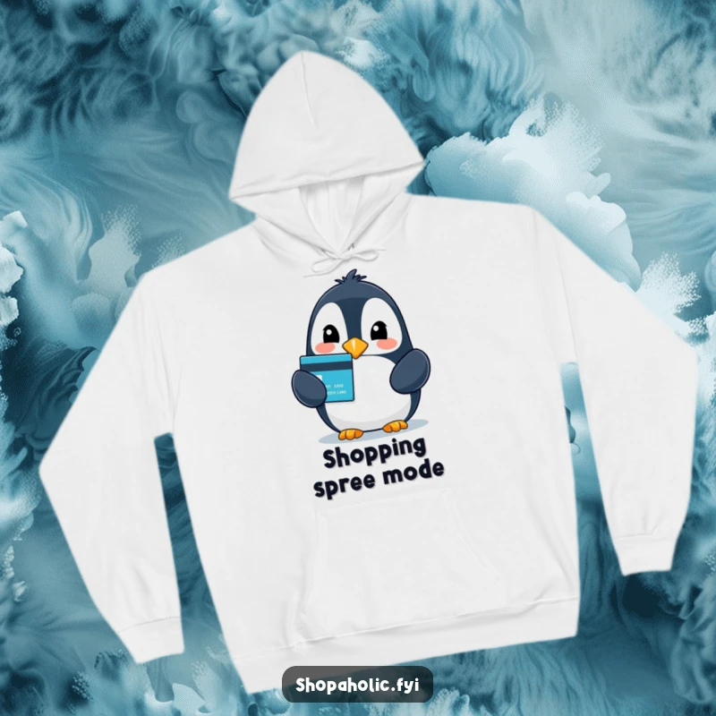 Funny hoodie showing a beaming penguin with a credit card, exuding pure shopping delight and excitement.