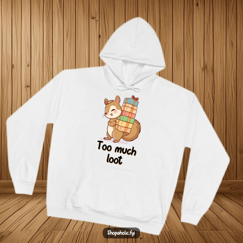 Funny hoodie with a playful squirrel precariously balancing a very tall stack of packages. Comforting and humorous.