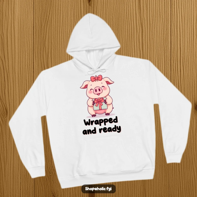 Funny hoodie with a satisfied pig character clutching a wrapped gift, radiating happiness and warmth.