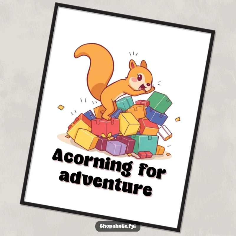 Funny Free Printable Wall Art: A hyperactive squirrel chasing a tumbling pile of colorful boxes, energetic downloadable art.