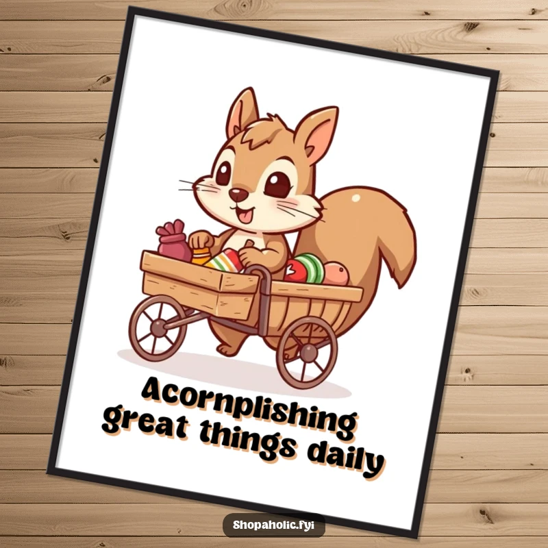Funny Free Printable Wall Art: A hardworking squirrel character pulling a tiny cart overflowing with a bounty of delicious goods.