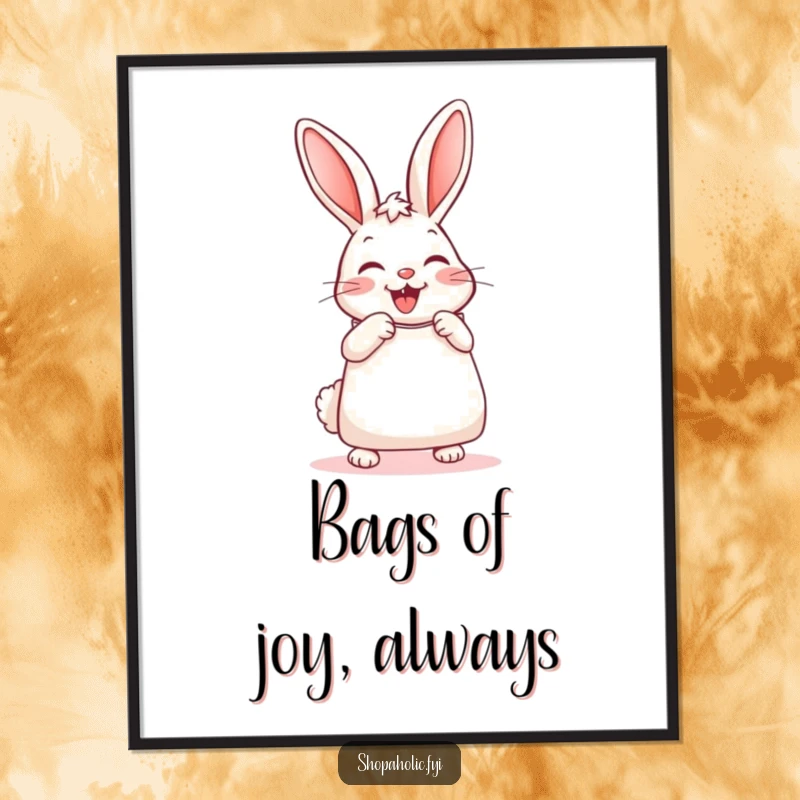 Funny Free Printable Wall Art: A cute bunny joyfully clutching a massive shopping bag with a huge, satisfied grin.