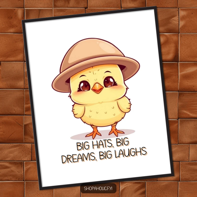 Funny Free Printable Wall Art: A chick wears a comically large hat and grins with pure delight.