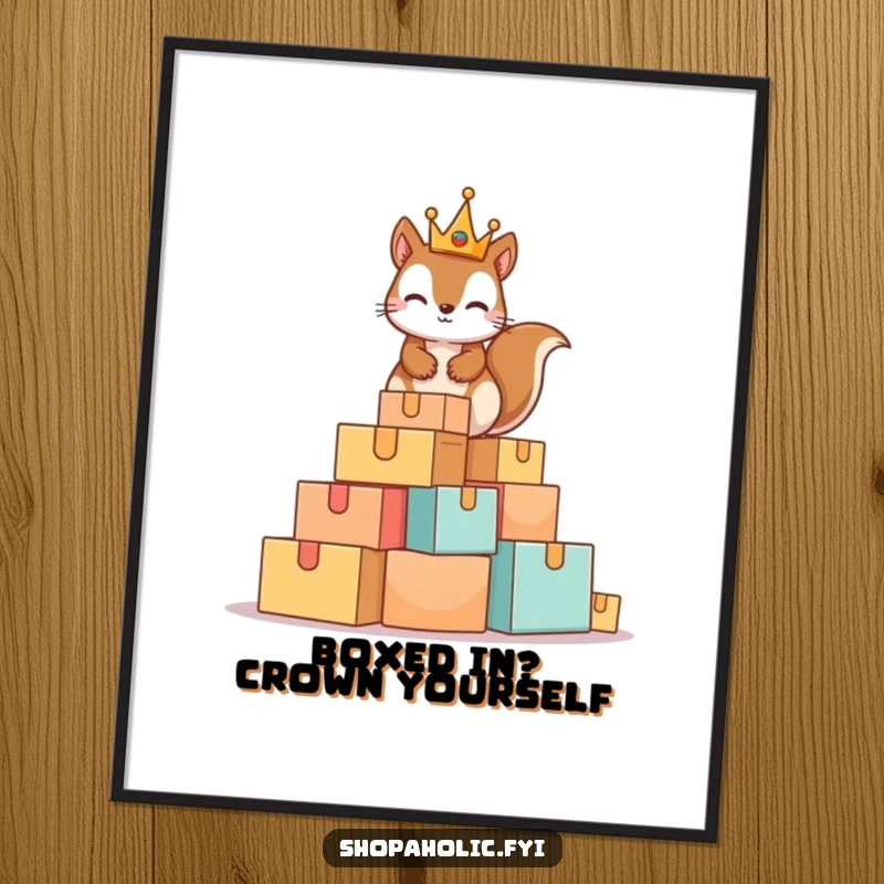Funny Free Printable Wall Art: A mischievous squirrel wearing a tiny crown is perched atop an enormous pile of cardboard boxes.