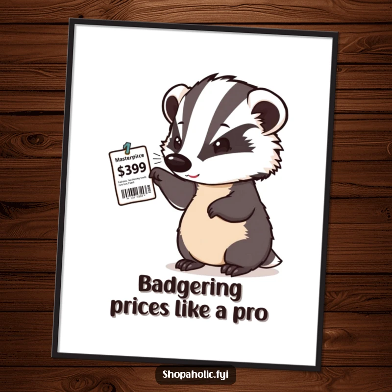 Funny Free Printable Wall Art: A determined badger examines a price tag with a satisfied nod, showcasing smarts.