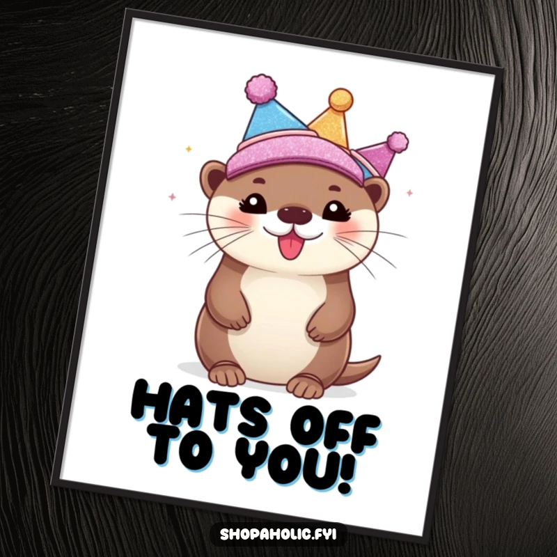 Funny Free Printable Wall Art: A bubbly otter gleefully tries on an assortment of sparkling hats. Whimsical, hilarious downloadable decor.