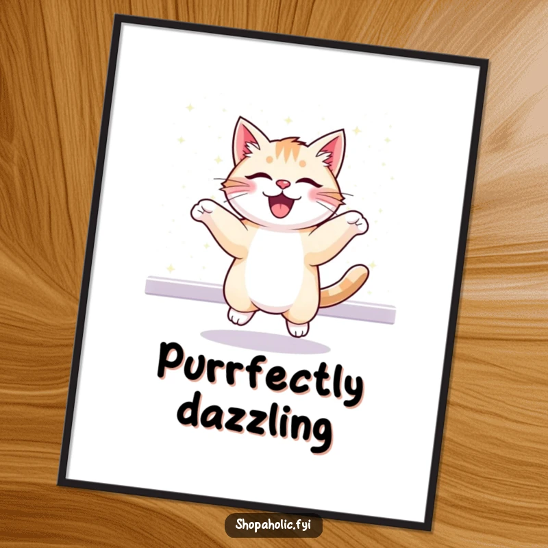 Funny Free Printable Wall Art: A cheerful cat bounces excitedly in front of a mesmerizing, glittering display.