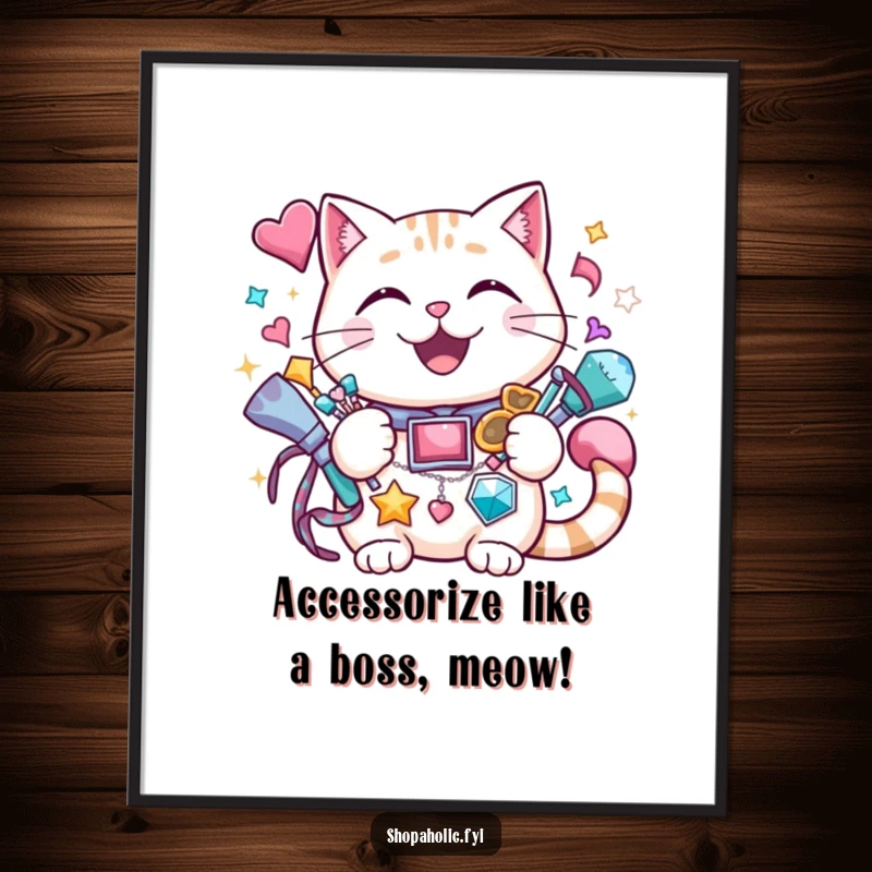 Funny Free Printable Wall Art: A cheerful cat grinning broadly, holding numerous sparkly accessories, a true fashion icon.