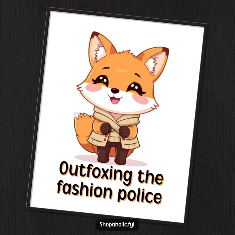 Funny Free Printable Wall Art: Charming fox looking utterly delighted, showcasing a perfectly chosen, fashionable outfit.