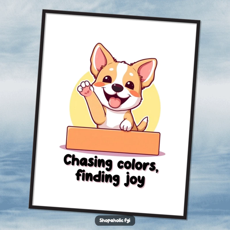 Funny Free Printable wall art: a dog gleefully reaches for a brightly colored display, humorous pet decor.