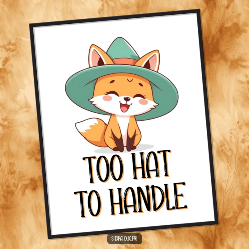 Funny Free Printable Wall Art: A happy fox is captured playfully trying on a dramatically oversized hat.