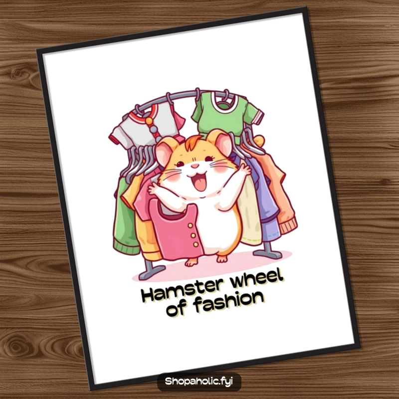 Funny Free Printable Wall Art: A jovial hamster spinning around a rack of vibrant, colorful clothes.