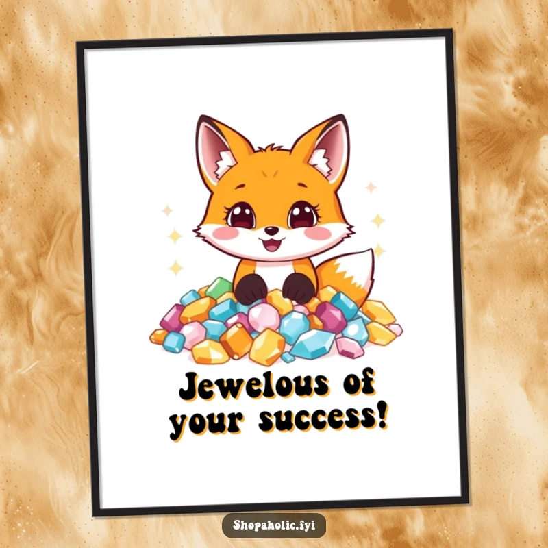 Funny Free Printable Wall Art: A joyful fox with wide eyes revels in a pile of sparkling jewels, a humorous treasure hunter.