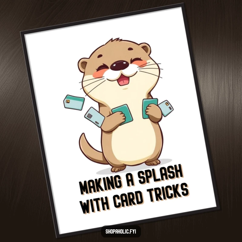 Funny Free Printable Wall Art: Cheerful otter juggling multiple credit cards with a mischievous glint in its eye.
