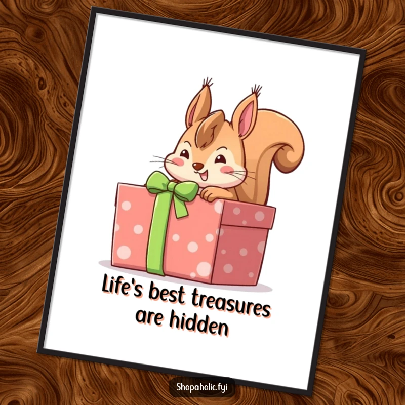 Funny Free Printable Wall Art: A curious squirrel peeks into a big gift-wrapped box with wide-eyed excitement.