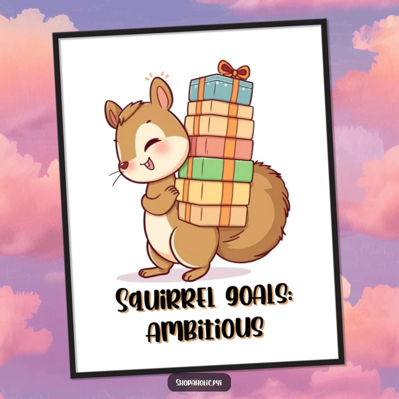 Funny Free Printable Wall Art: A playful squirrel ambitiously tries to carry a stack of packages that are far too tall.