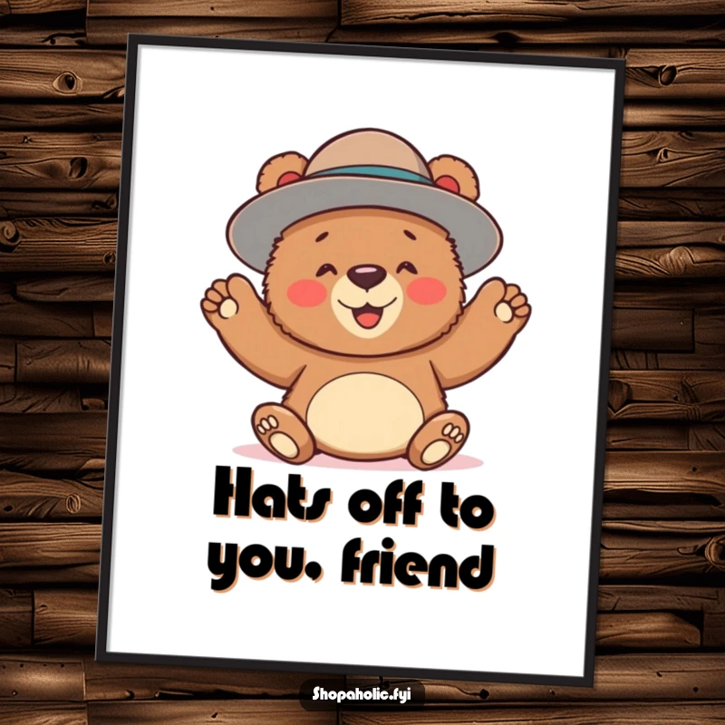 Funny Free Printable Wall Art: Playful bear joyfully sporting a ridiculously oversized hat, a hilarious downloadable poster for any room.