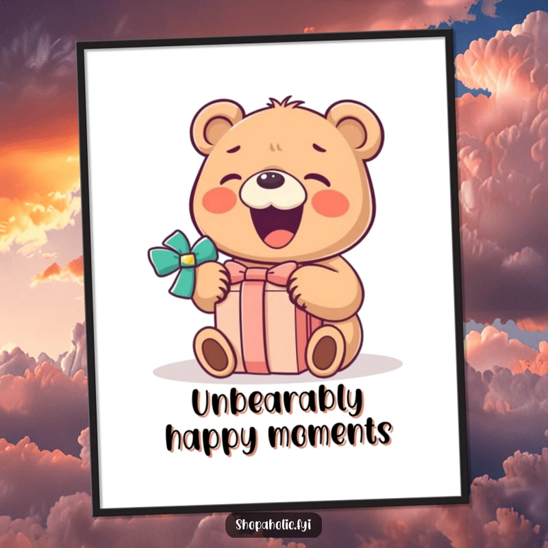 Funny free printable wall art of a little bear with a huge smile, gleefully opening a wrapped gift box.