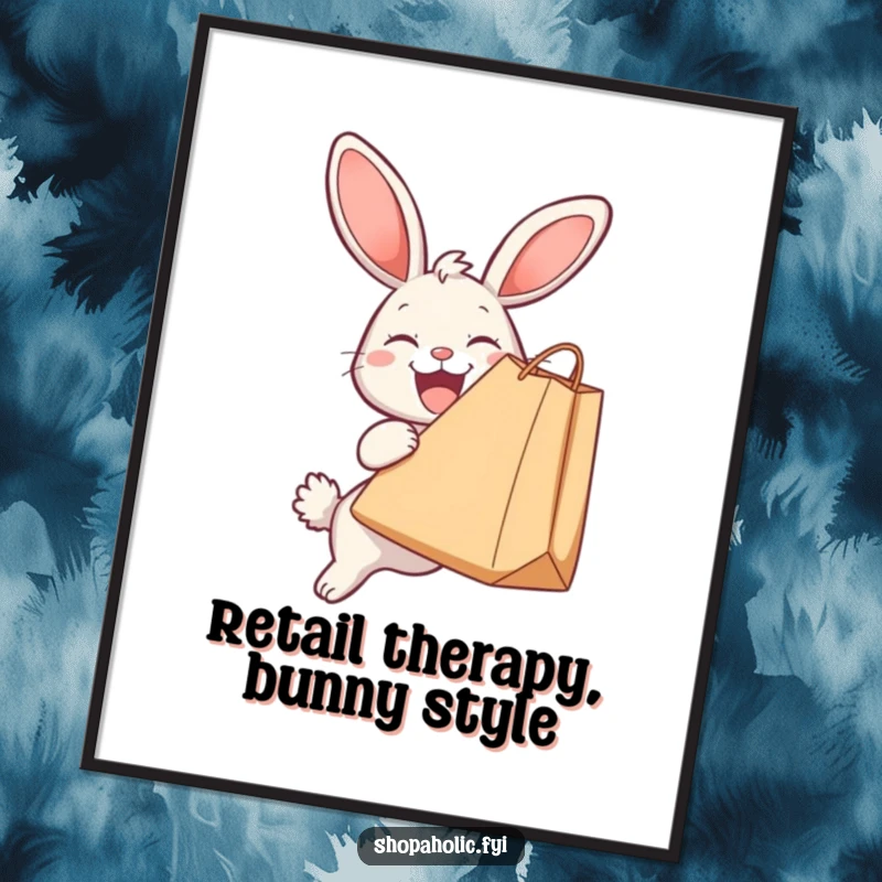 Funny Free Printable Wall Art: Delighted bunny with a huge smile, clutching a giant shopping bag, a whimsical downloadable poster.