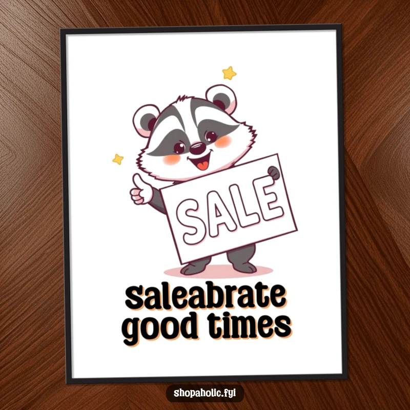 Funny Free Printable Wall Art: A jovial badger excitedly points to a huge sale banner, celebrating deals with glee.