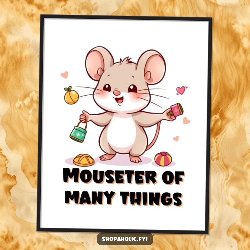 Funny Free Printable Wall Art: A cute mouse happily juggles a collection of tiny, desirable trinkets, adding whimsy.