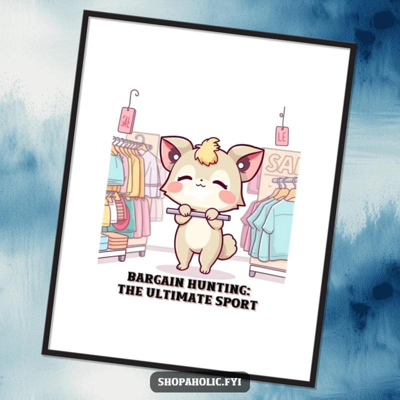 Funny Free Printable Wall Art: A cute creature dramatically swoons over a packed sale rack, a humorous decor piece.