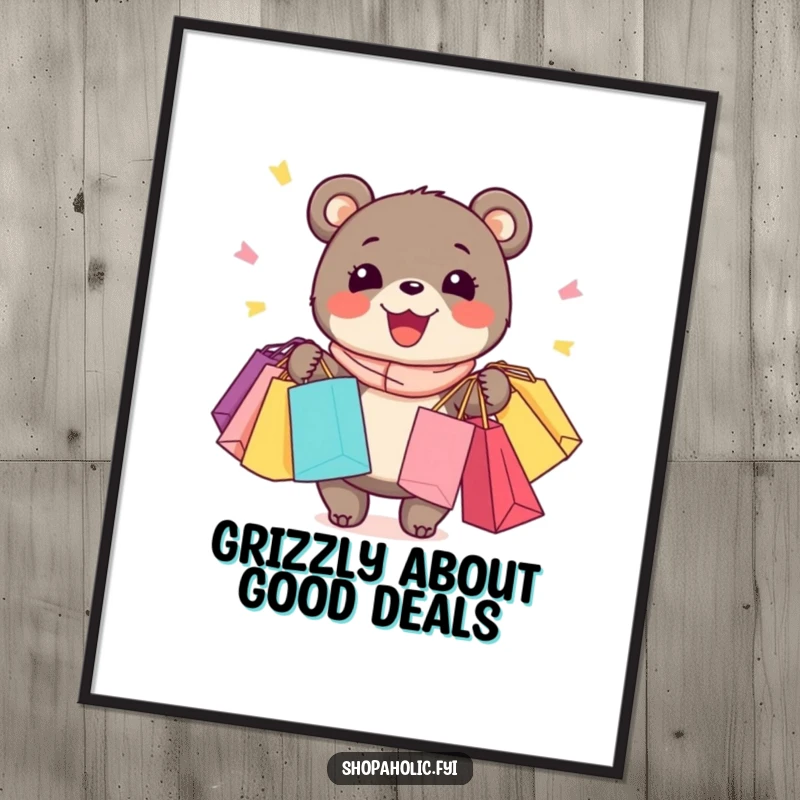 Funny Free Printable Wall Art: Small bear with a wide, joyful grin, enthusiastically holding numerous shopping bags.