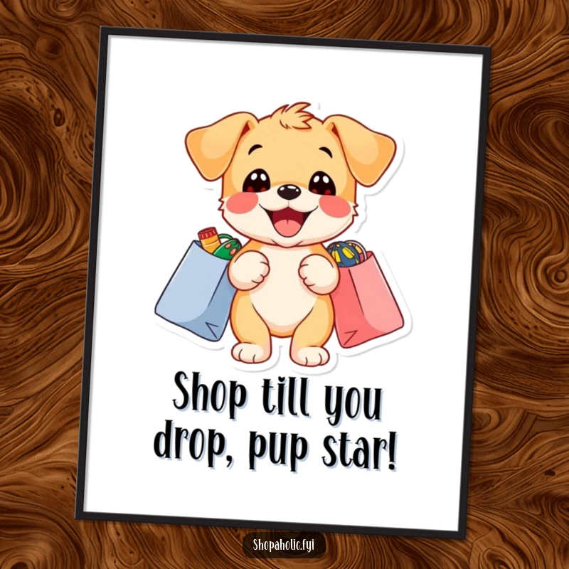 Funny Free Printable Wall Art: A delighted puppy with shopping bags bursting with colorful items, a true shopaholic.