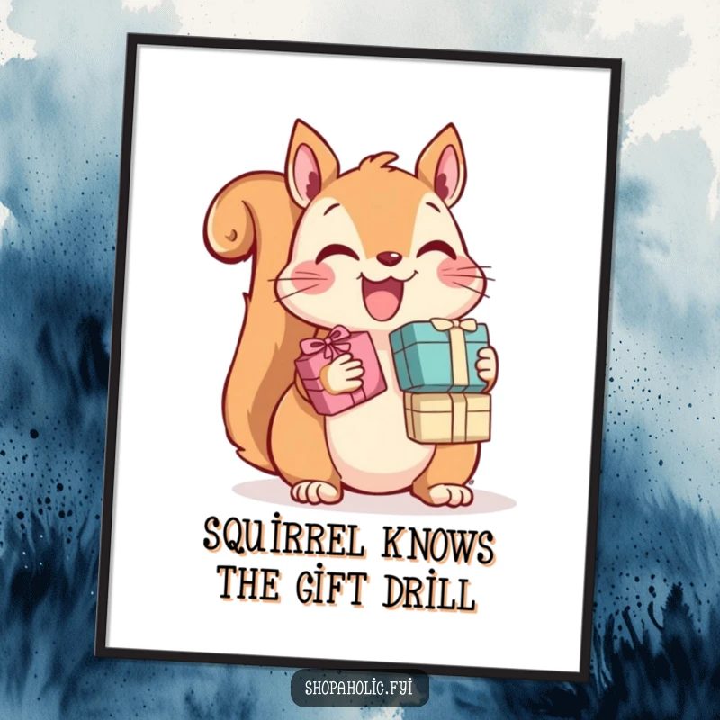 Funny Free Printable Wall Art: A happy squirrel overflowing with tiny gift boxes, a comical scene for your wall.