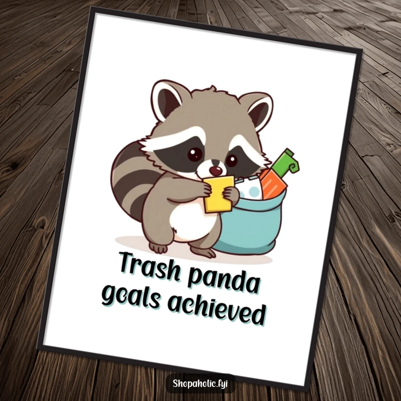 Funny Free Printable Wall Art: A mischievous raccoon stealthily adds to its overflowing bag of pilfered goods.