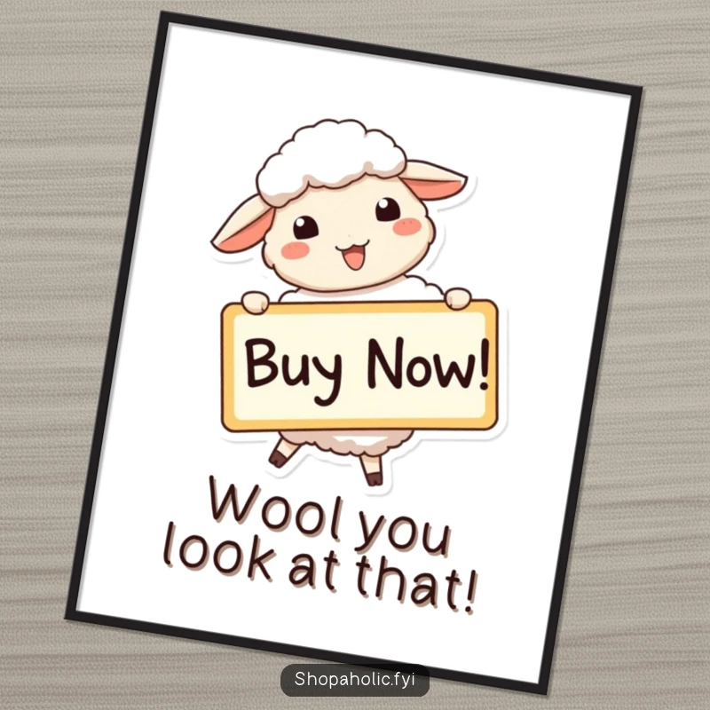 Funny Free Printable Wall Art: A beaming sheep holds a large Buy Now sign with infectious enthusiasm, perfect for decor.